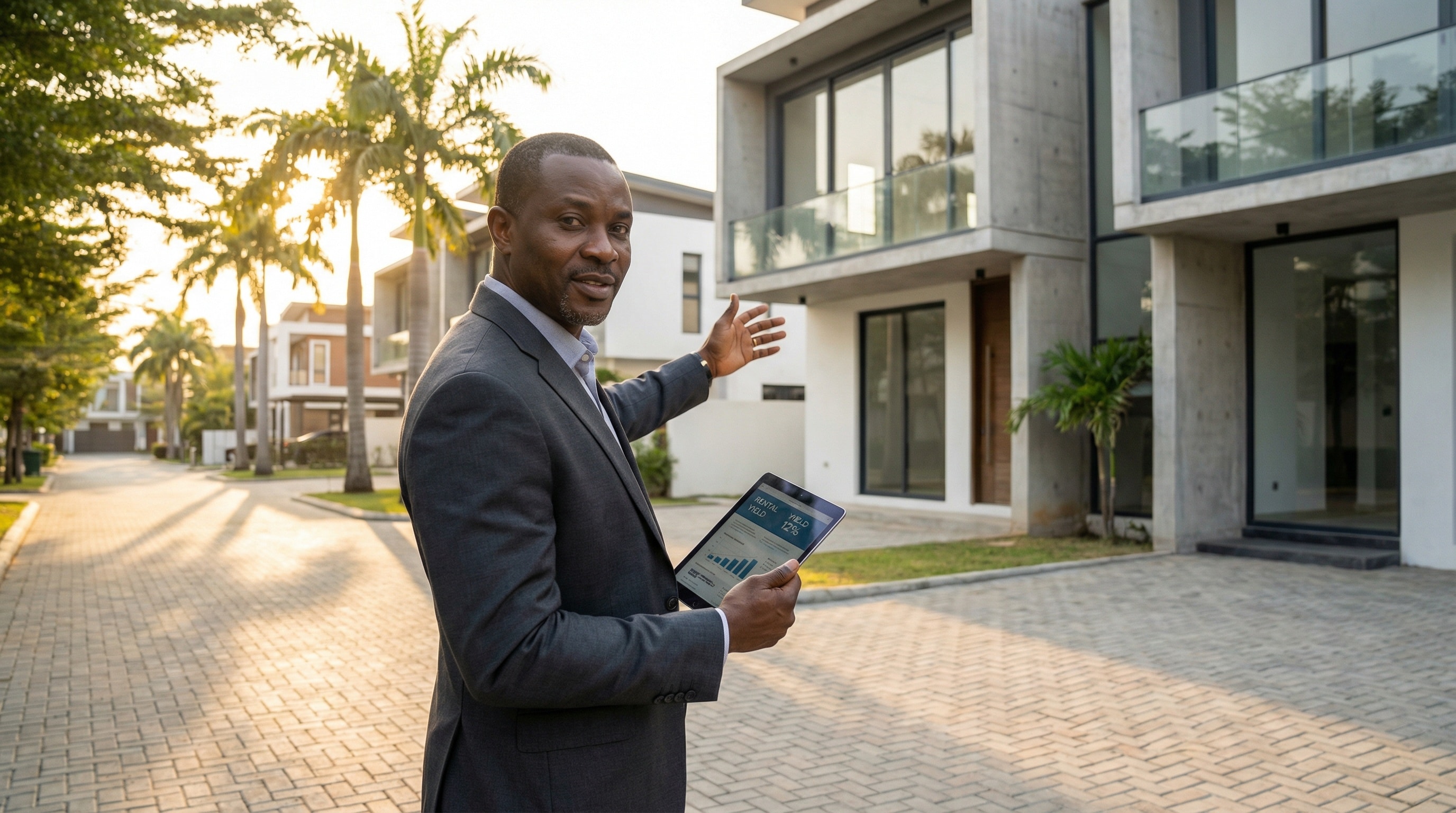 Nigerian professionals in a premium Lagos setting; local expertise and professional excellence in real estate tools.