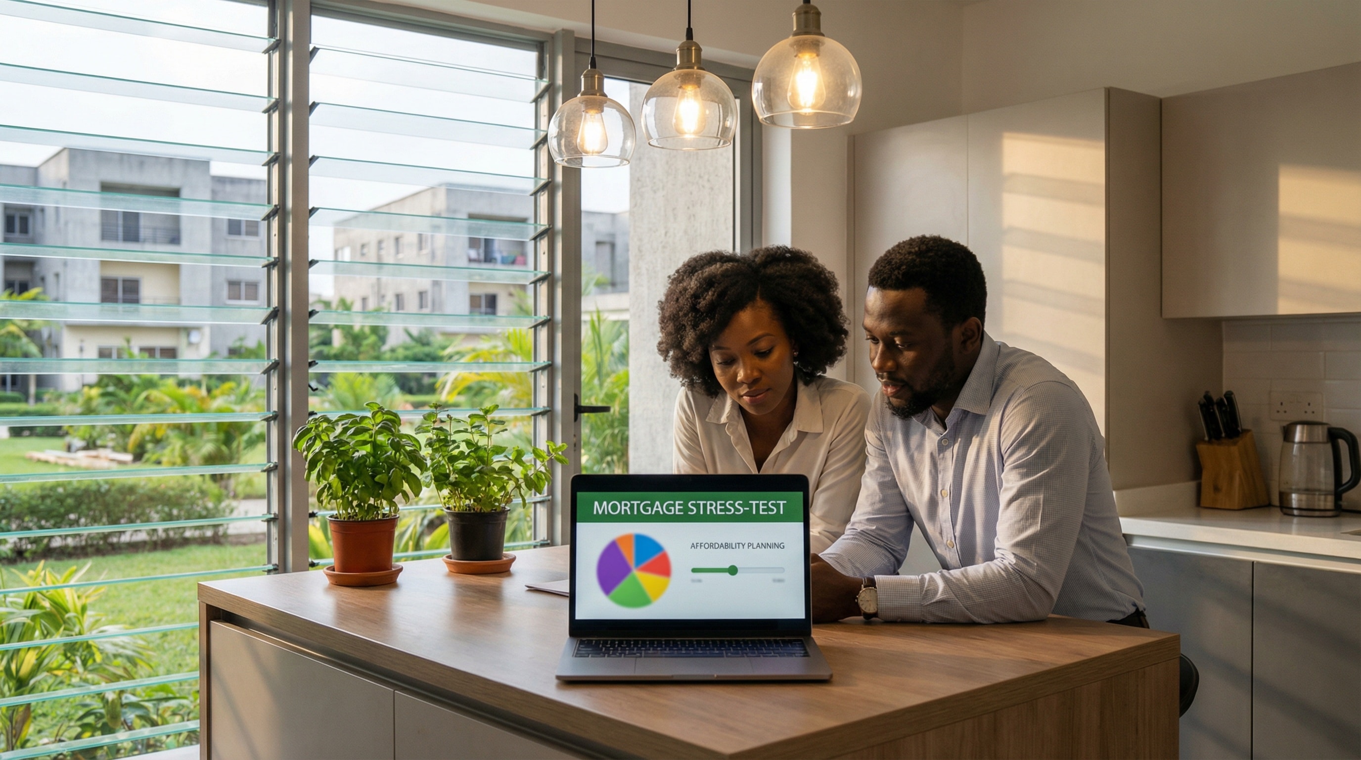 Affordability calculator: professionals reviewing budget and income for home purchase, modern desk, natural light, local expertise and professional excellence.