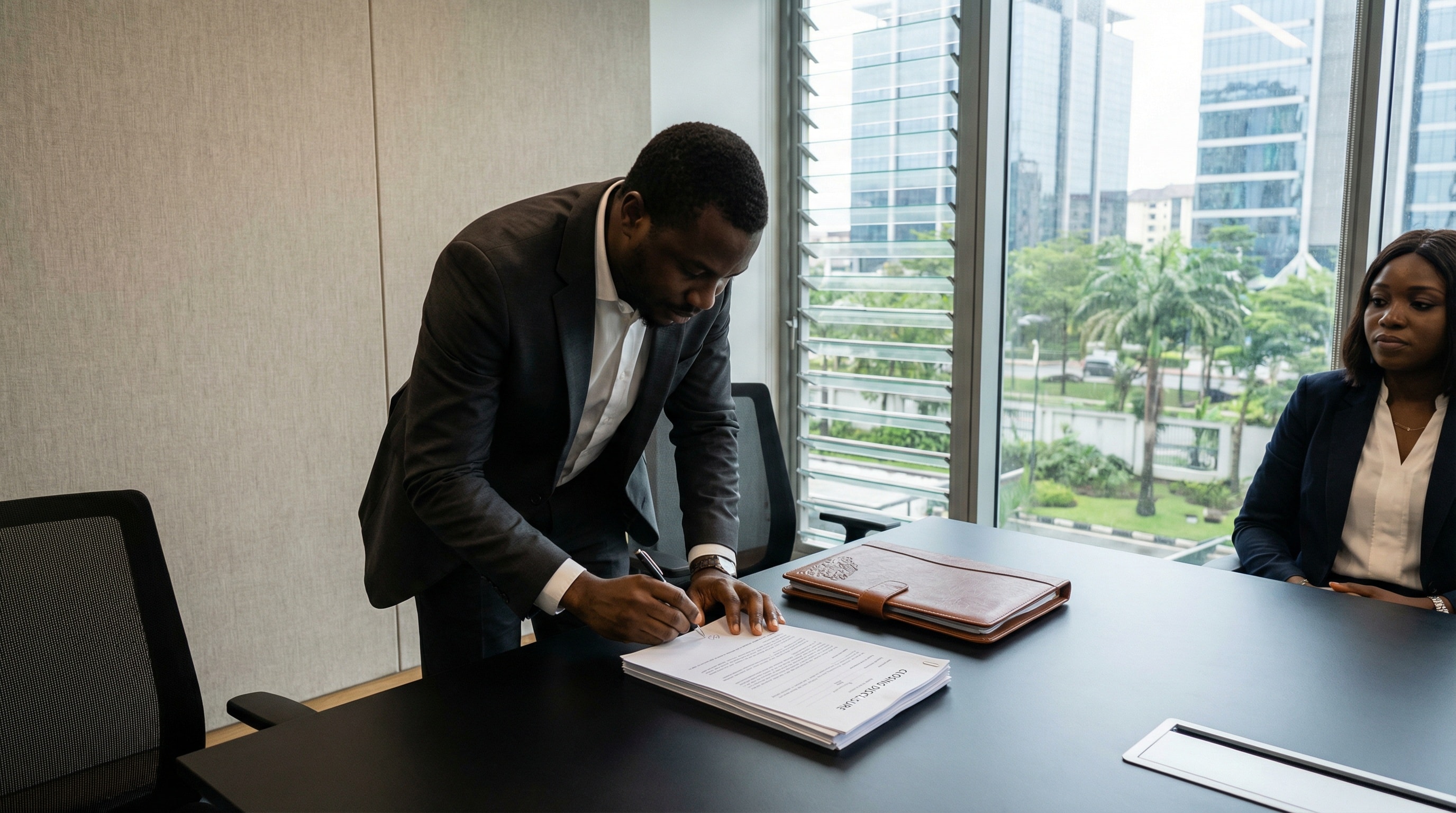 Nigerian professionals in a premium Lagos setting; local expertise and professional excellence in real estate tools.