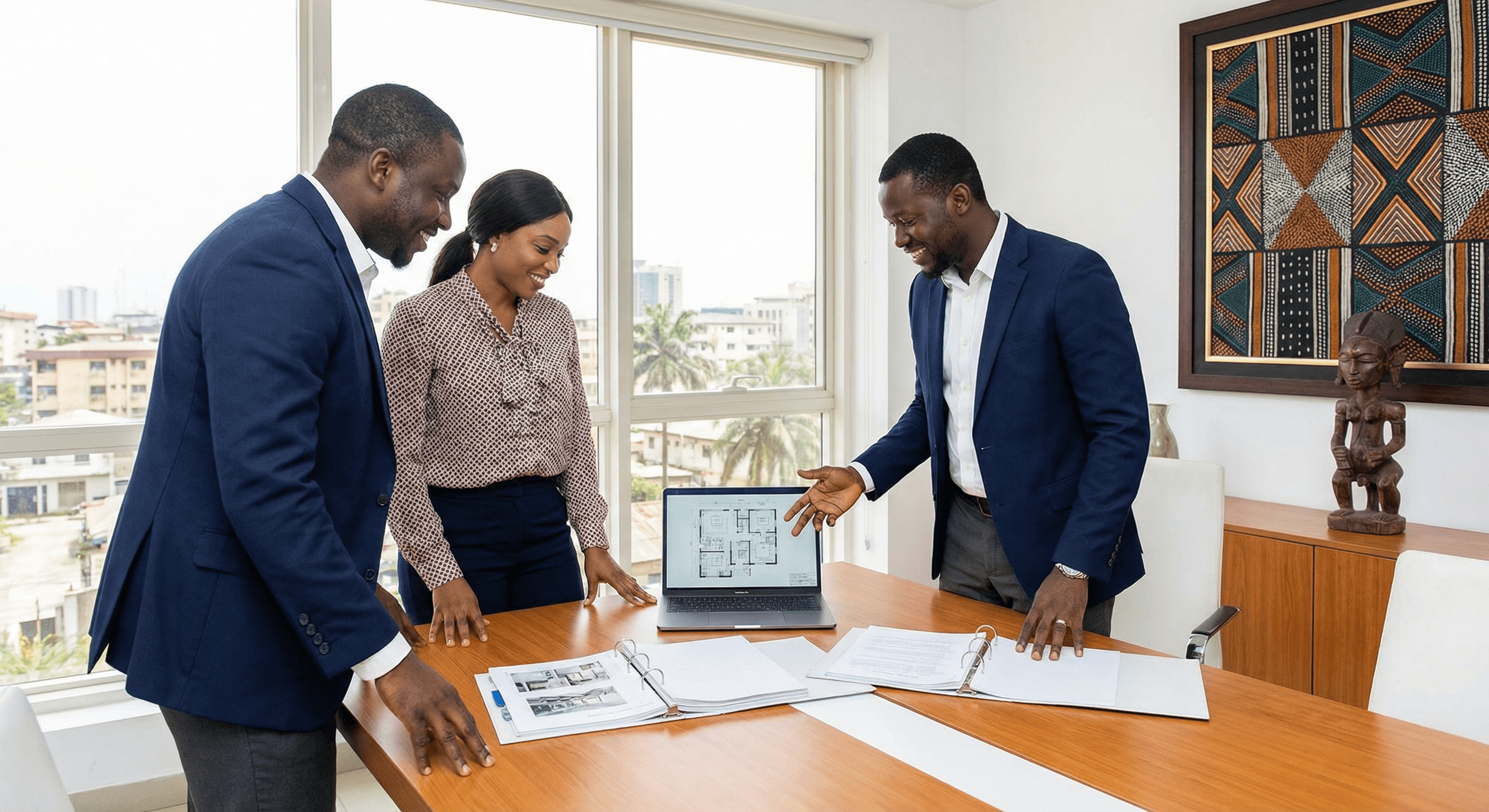 Professional real estate agents collaborating in a modern office