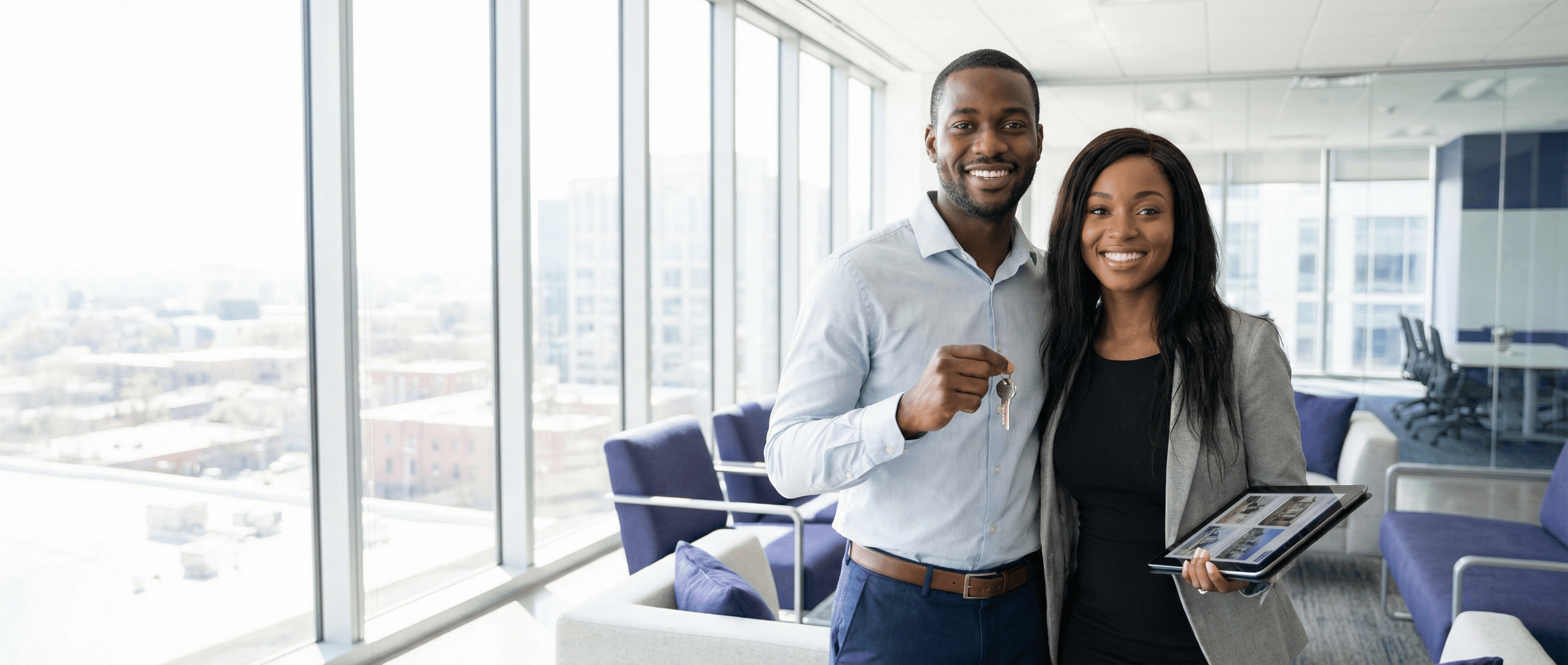 Professional with keys, welcoming gesture. Local expertise and excellence.