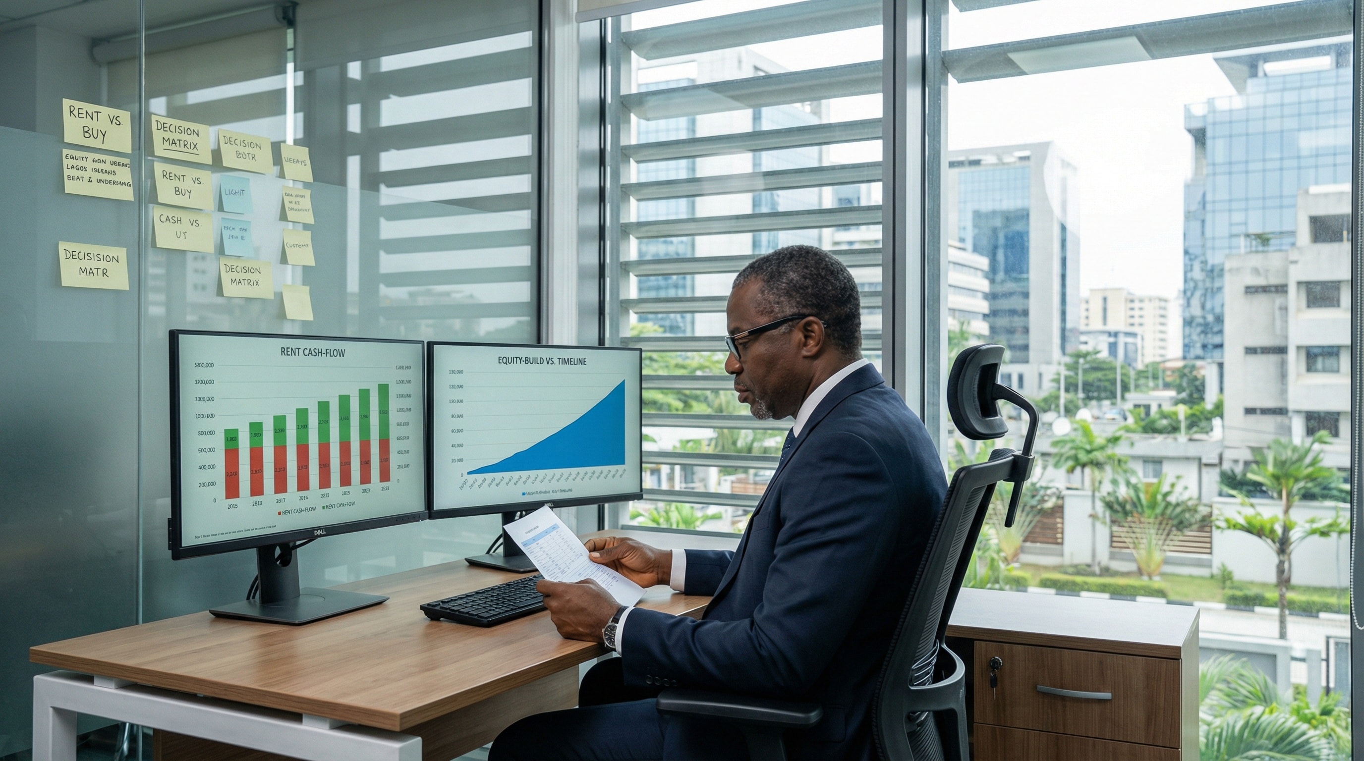 Rent vs buy calculator: professional comparing options with documents and calculator, decision-making, real estate planning, local expertise and professional excellence.