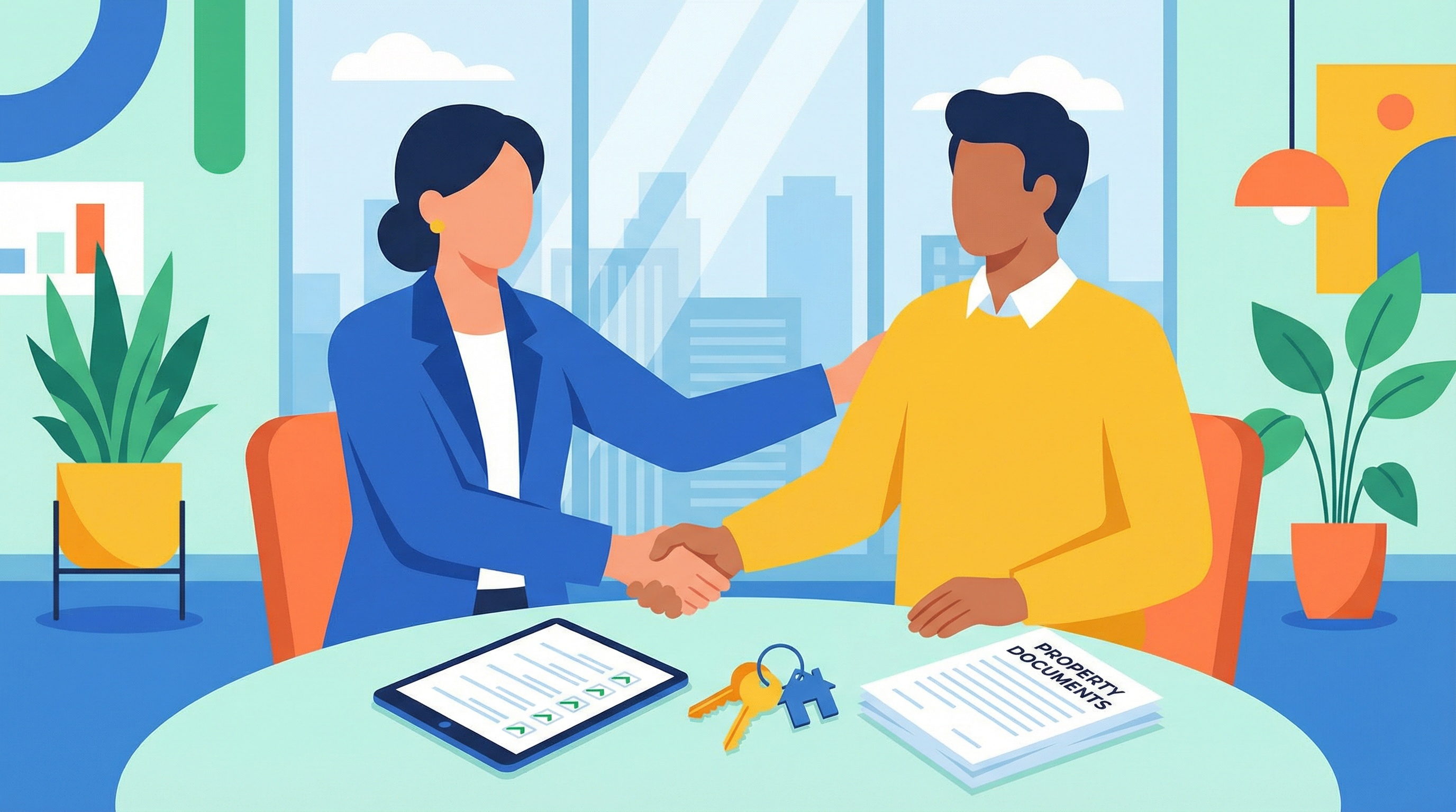 Professional with keys, welcoming gesture. Global connectivity and excellence.