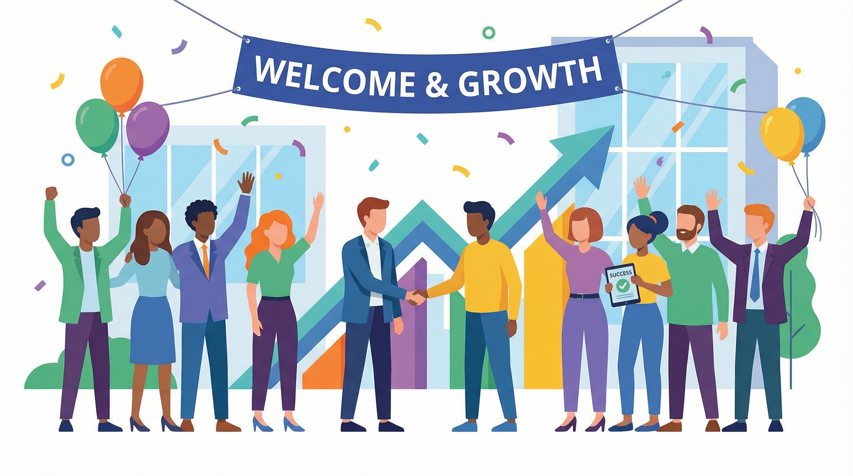 Professional with keys, welcoming gesture. Global connectivity and excellence.