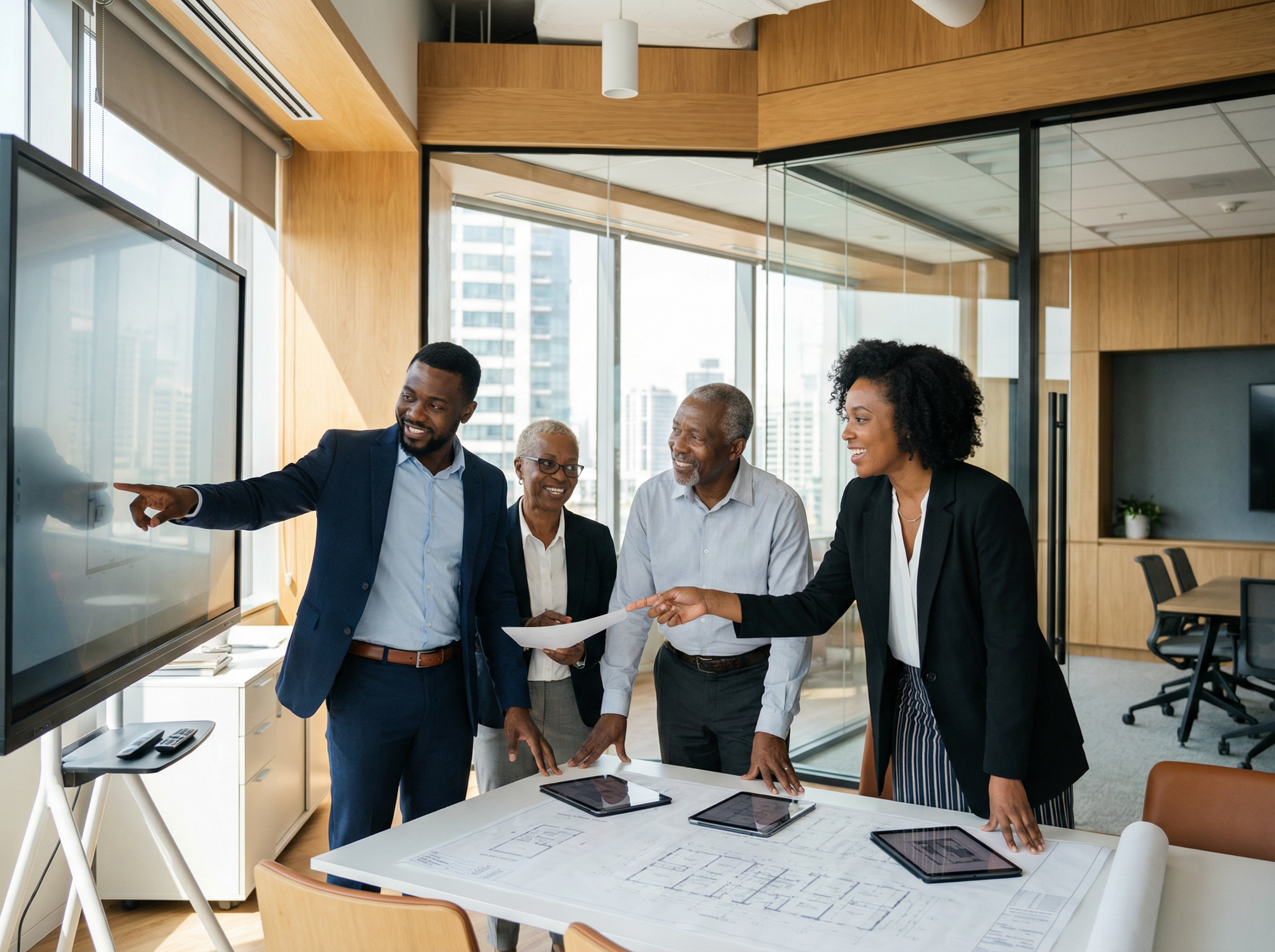 Professional with keys, welcoming gesture. Global connectivity and excellence.