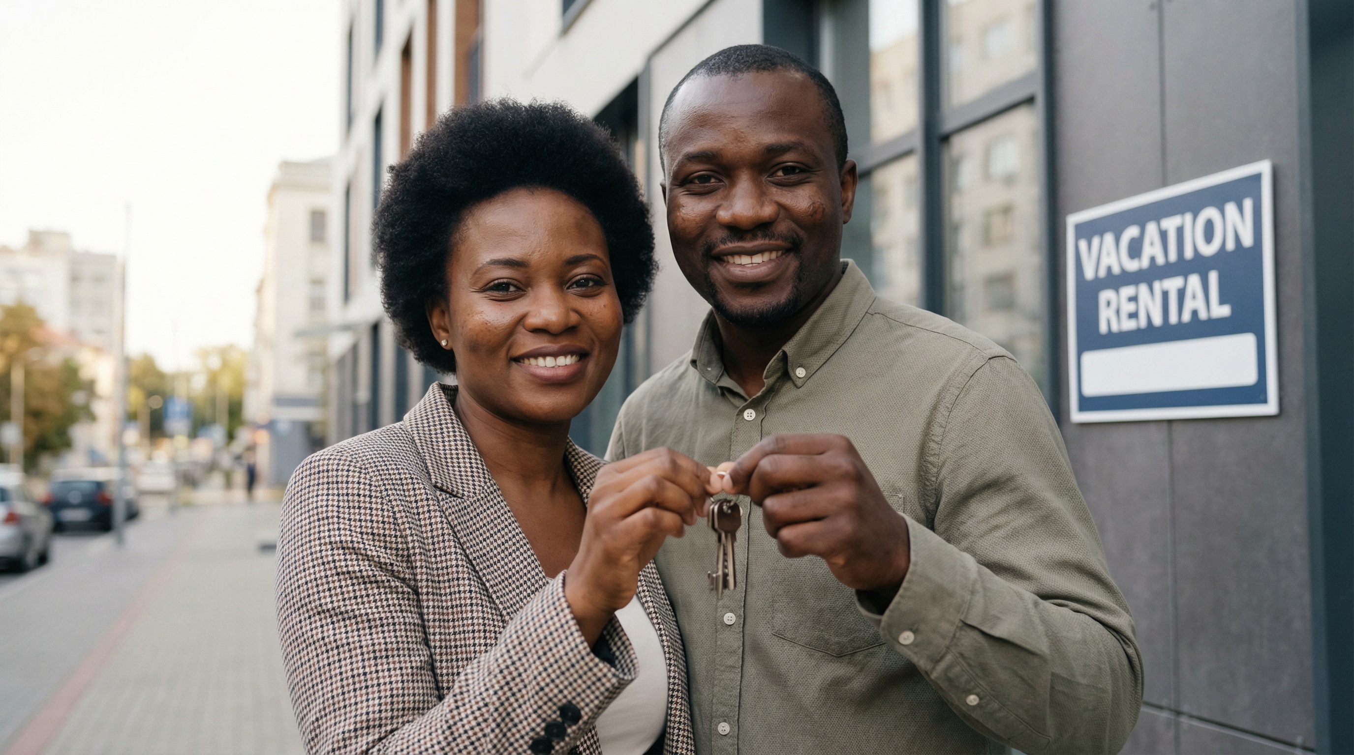 Professional with keys, welcoming gesture. Global connectivity and excellence.