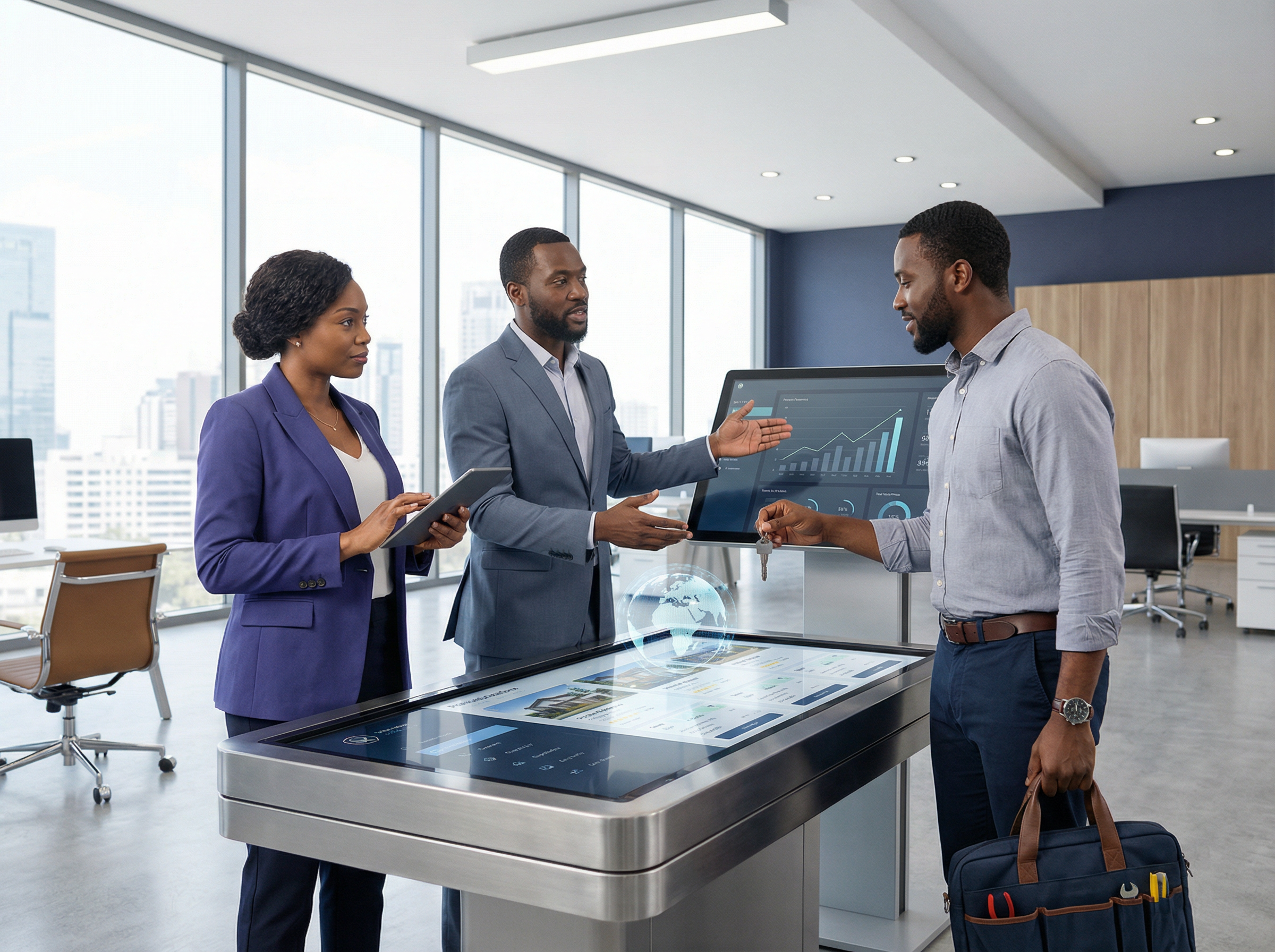 Modern luxury real estate: high-key lighting and architectural design, showcasing global connectivity and professional excellence.